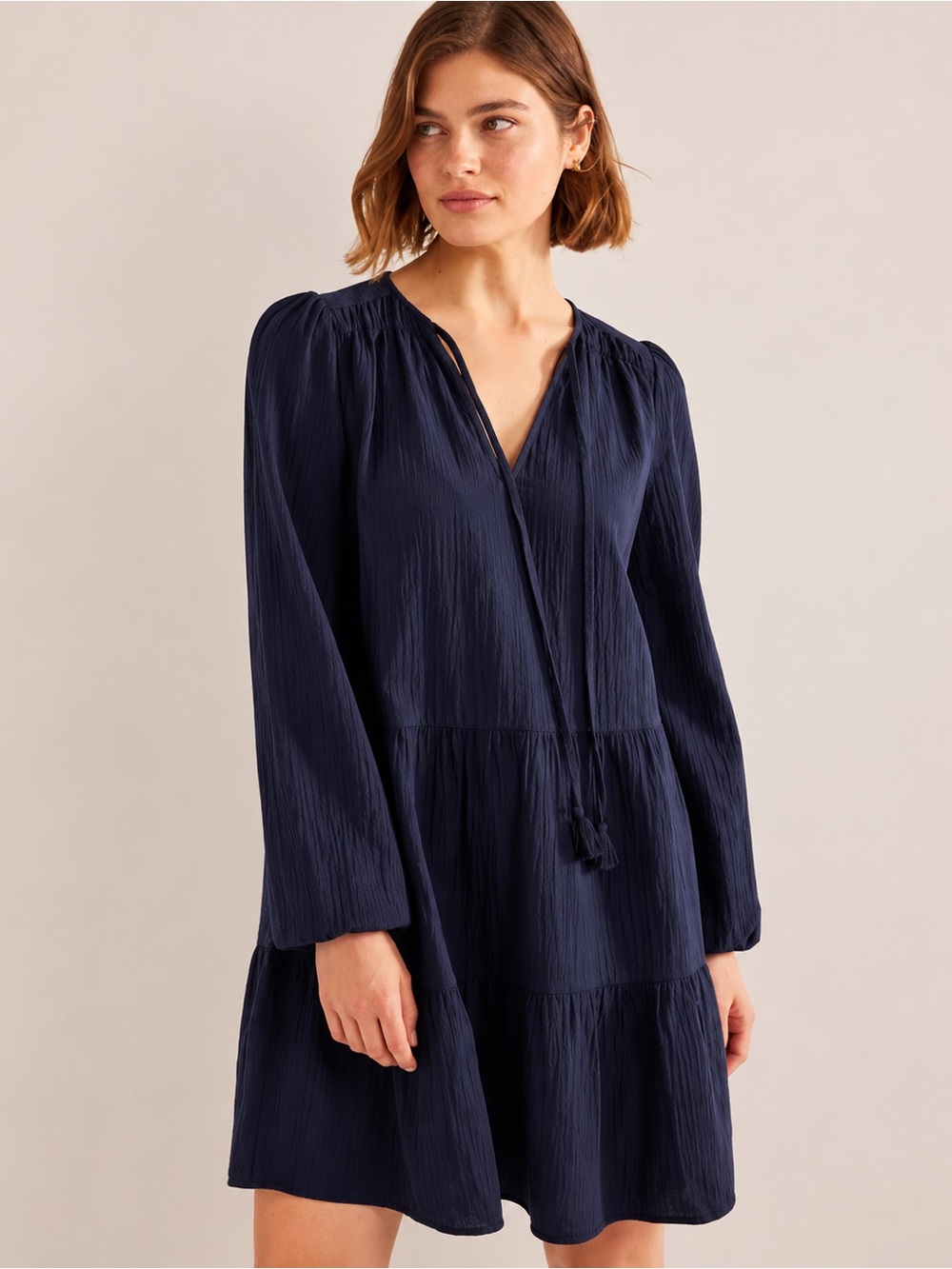 Boden navy blue Cheesecloth long sleeve mini dress size 8L long tall D0592 gauzy